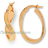 Yellow gold oval hoop earrings with Greek key design and twisted shape