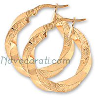 Yellow gold 15 mm twisted hoop earrings with Greek key design